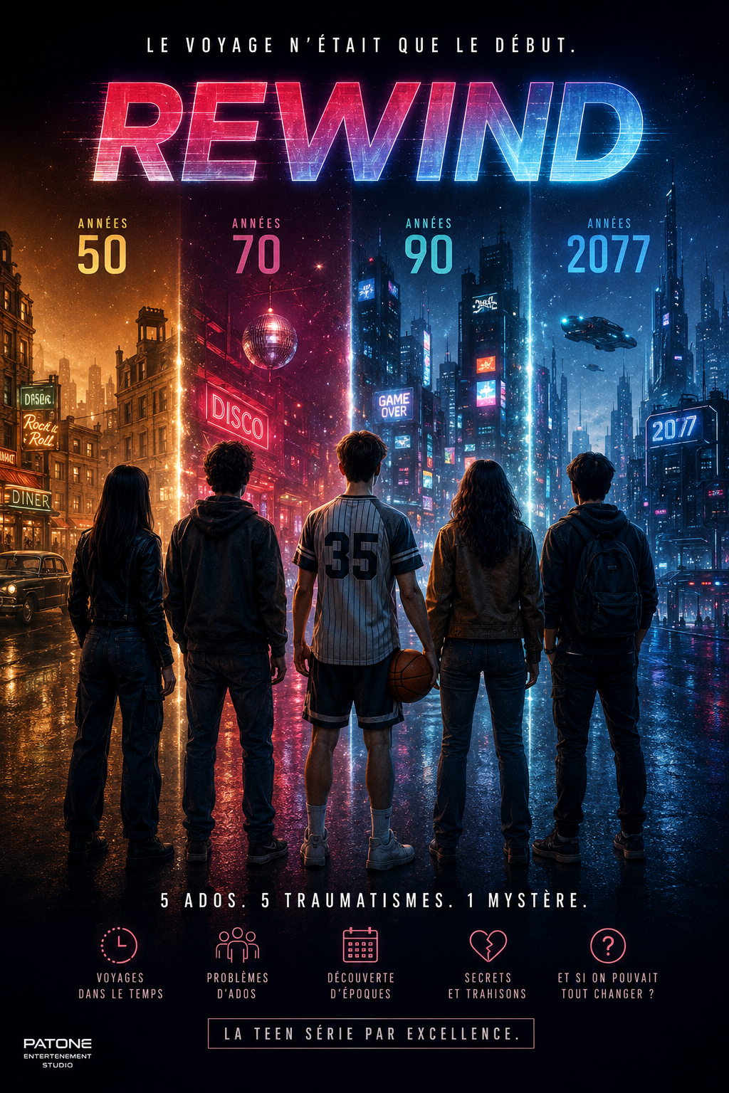 Affiche REWIND avec les années 50, 70, 90 et 2077